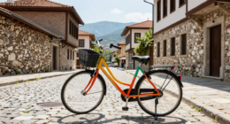 Skopje sokaklarında kiralık renkli bir bisiklet, arka planda eski taş binalar ve dağlar.