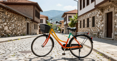 Skopje sokaklarında kiralık renkli bir bisiklet, arka planda eski taş binalar ve dağlar.