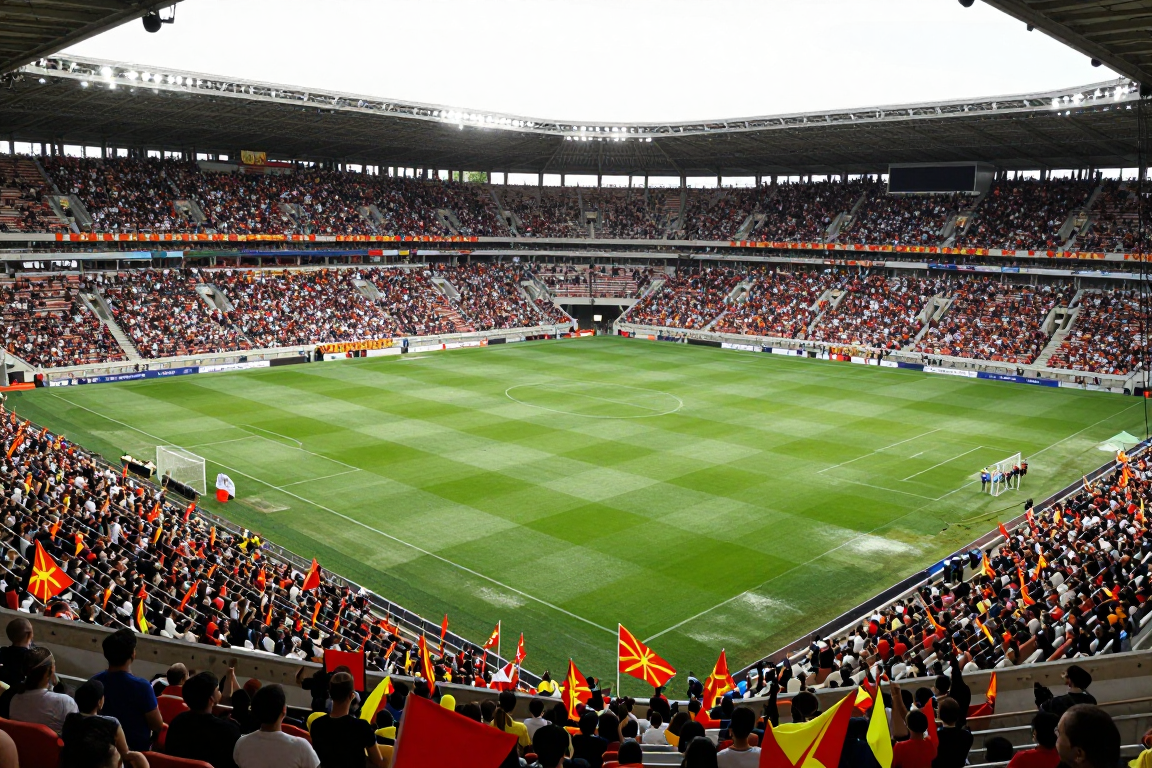 Kuzey Makedonya başkenti Skopje'deki futbol stadyumunda taraftar kalabalığı ve atmosfer