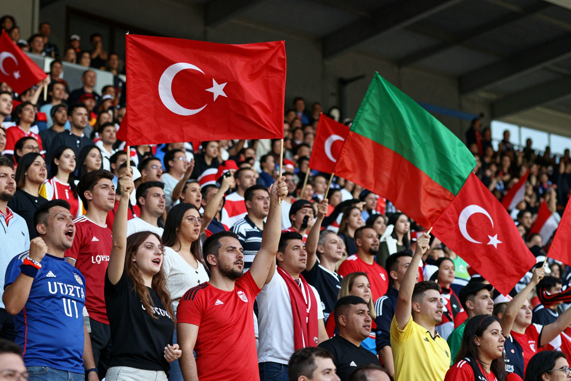 Kuzey Makedonya'da Türk futbolcuları destekleyen taraftarlar ve bayraklar