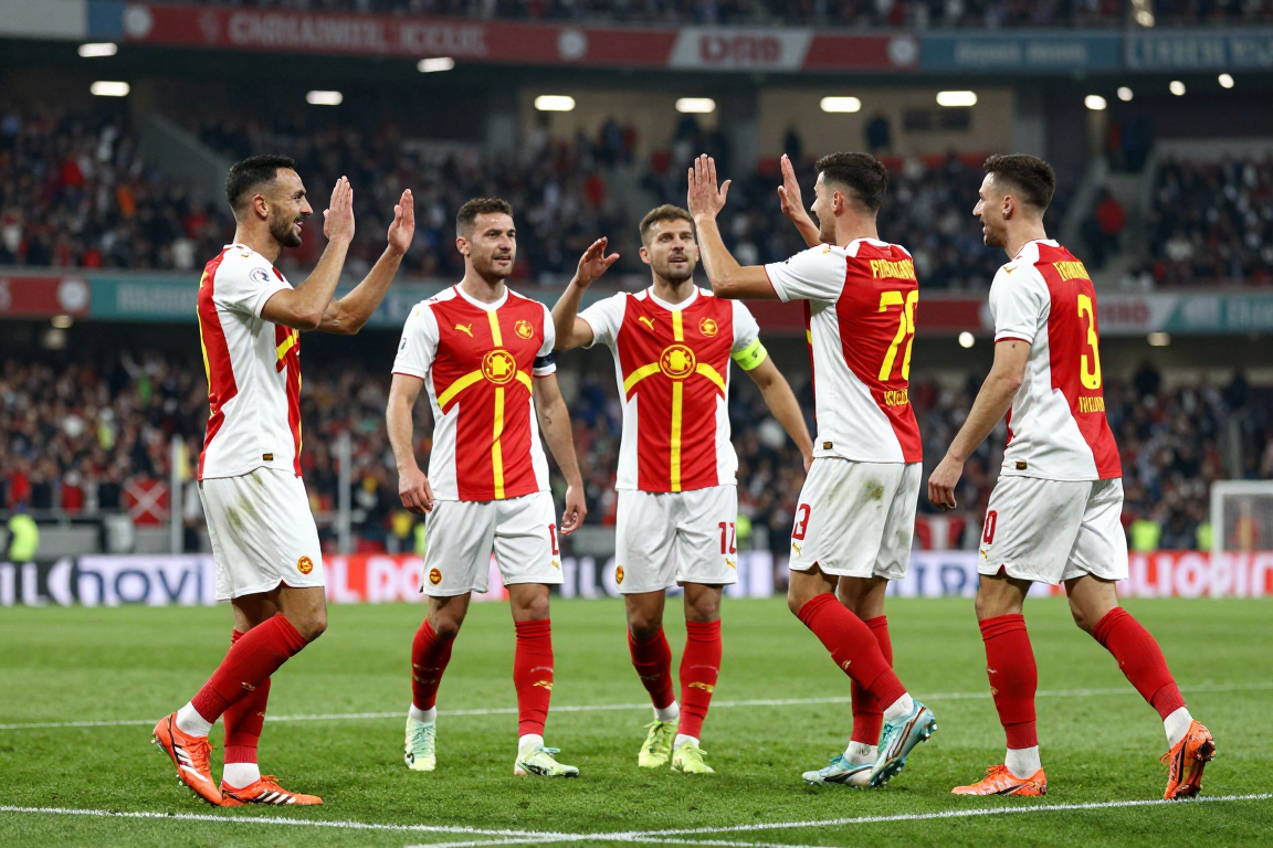 Kuzey Makedonya milli futbol takımı oyuncuları saha üzerinde kutlama yapıyor