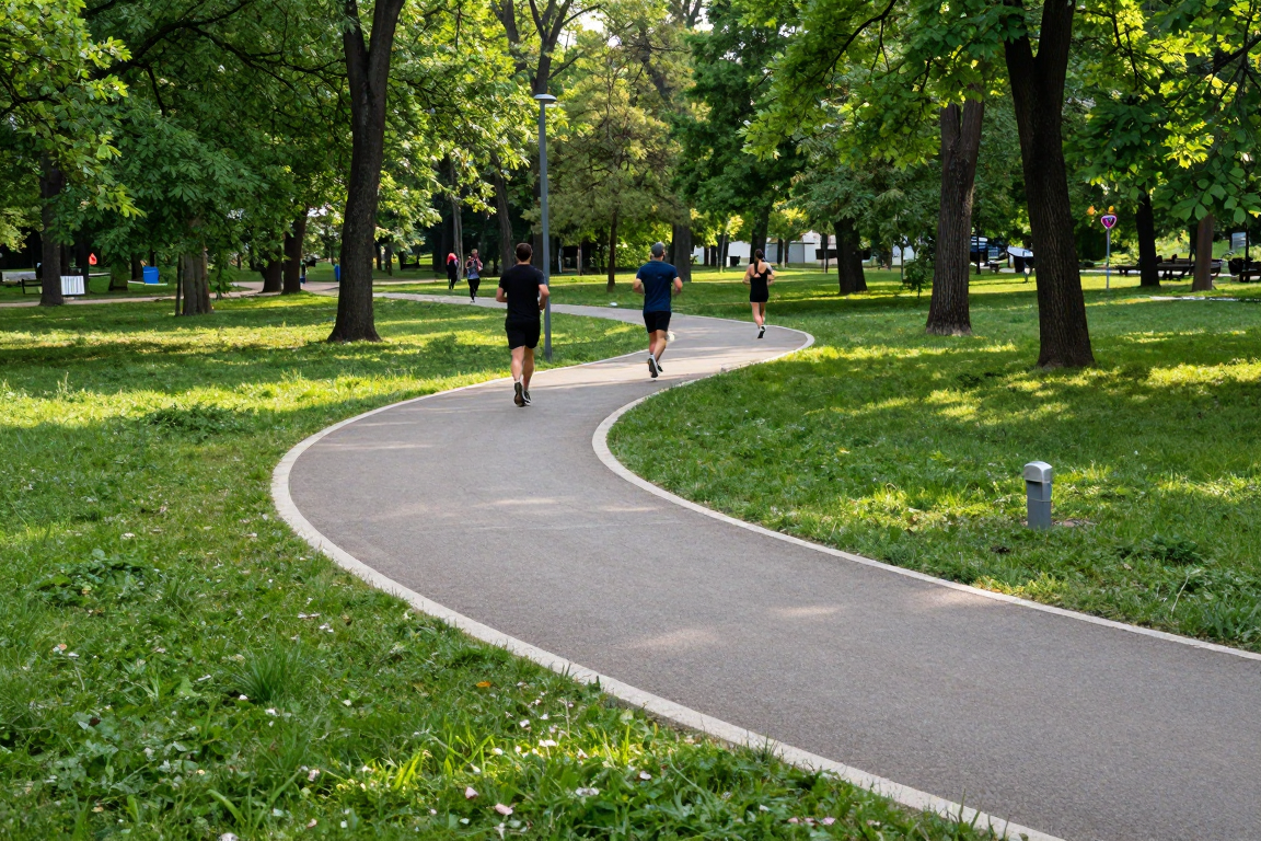 Skopje spor parkı koşu yolu ve ağaçlar