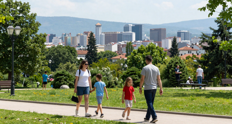 Çocuklu ailelerin Skopje'deki parkta gezdiği foto-gerçekçi görsel
