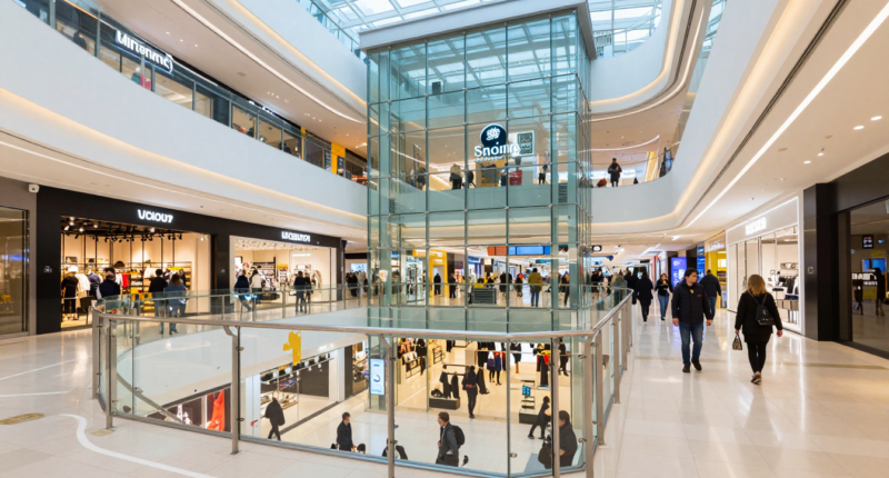 Makedonya'nın başkenti Skopje'deki büyük alışveriş merkezi, modern yapı ve alışveriş yapan insanlar