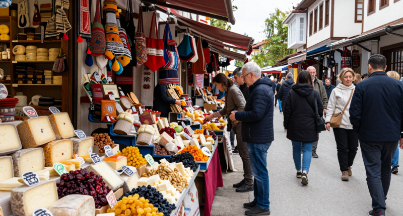 Makedonya'nın Skopje şehir merkezindeki canlı bazar, yerel ürünler ve turistlerle dolu