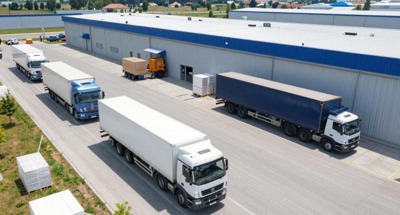 Makedonya’da kargo ve lojistik merkezi, modern depo ve araçlarla çalışan çalışanlar