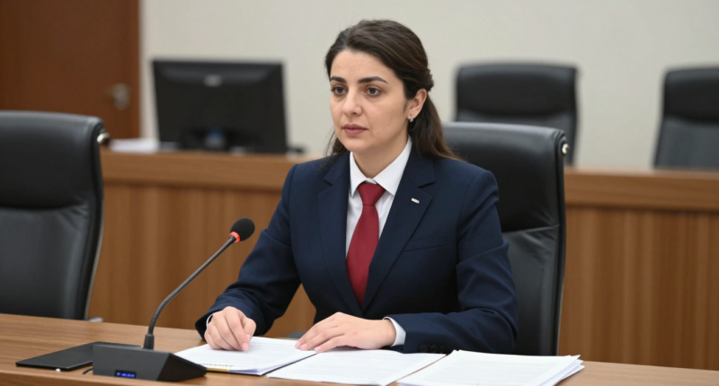 Yeminli tercüman, mahkeme salonunda resmi belgeleri tercüme ediyor