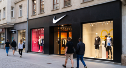 Skopje'de Nike ve Adidas mağazaları, modern alışveriş ortamı ve şehir manzarası