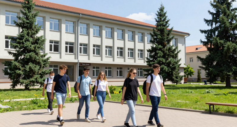 Makedonya'daki bir üniversite kampüsü ve öğrenciler