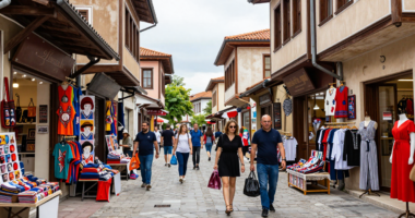 Makedonya'nın Skopje şehir merkezindeki giyim mağazaları ve alışveriş alanları