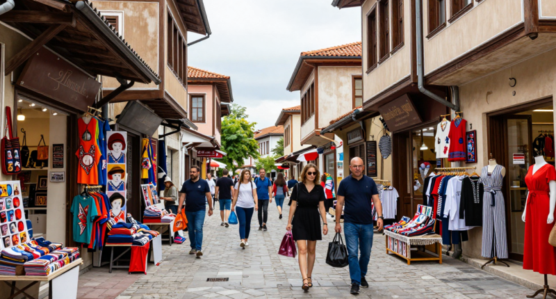 Makedonya'nın Skopje şehir merkezindeki giyim mağazaları ve alışveriş alanları