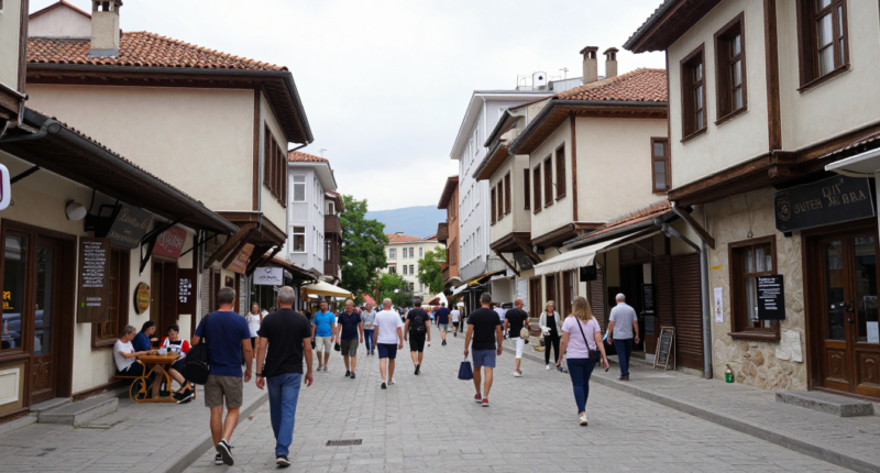 Makedonya ve Bulgaristan şehir sokakları, insanlar, mağazalar ve geleneksel ile modern mimari