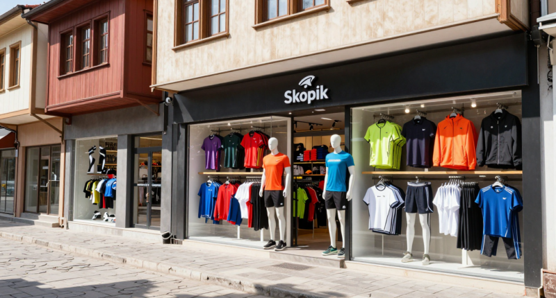 Makedonya'nın Skopje şehrinde spor giyim mağazaları ve alışveriş merkezleri