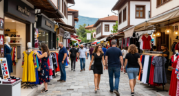 Makedonya'nın Skopje şehrinde alışveriş yapan insanlar ve giyim mağazaları