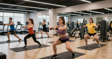 Üsküp'te spor yapan Türk vatandaşları ile dolu modern bir fitness salonu iç mekanı