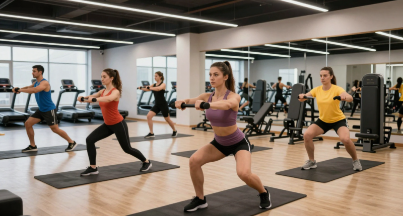Üsküp'te spor yapan Türk vatandaşları ile dolu modern bir fitness salonu iç mekanı